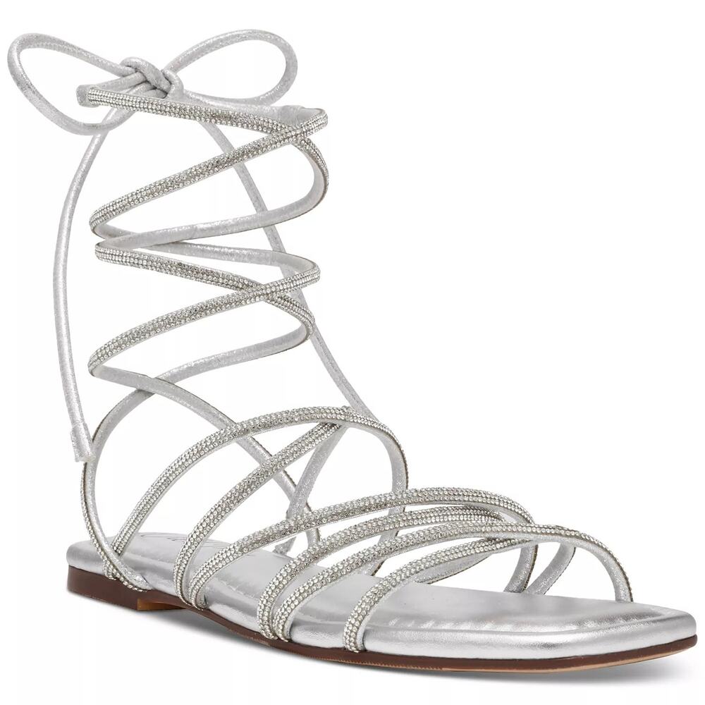 Wild Pair Women Edna Lace Up Ankle Wrap Flat Sandals Size 6.5M Silver Rhinestone